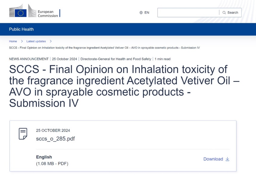 歐盟,SCCS,乙酰基巖蘭草油,AVO),噴霧,化妝品,毒性